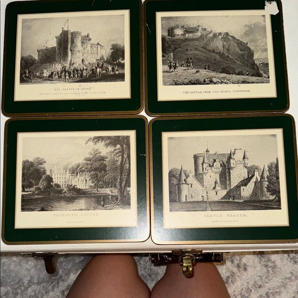 Set of Four Vintage Castle Prints with Green Borders
